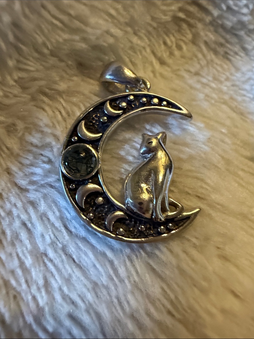 Silver Cat on Crescent Moon Pendant Necklace - Sterling silver with moss agate
